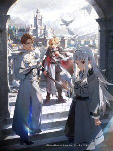 TrÃªs cavaleiros diante de uma cidade no visual de Boukyaku no Curse Knight