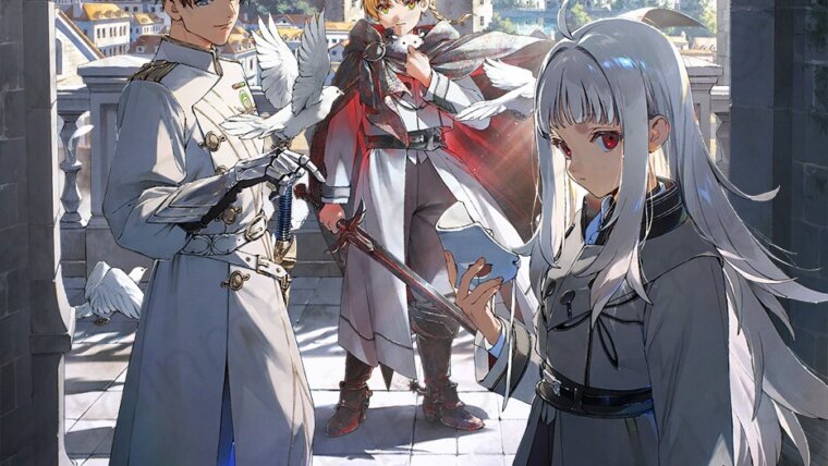 TrÃªs cavaleiros diante de uma cidade no visual de Boukyaku no Curse Knight