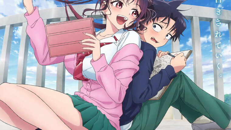 Yuki Uehara e Niina Miyamoto no terraço de uma escola na arte promocional de Kakunaru Ue wa