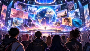 Ilustração editorial de um grande evento online dedicado a anúncios de animes