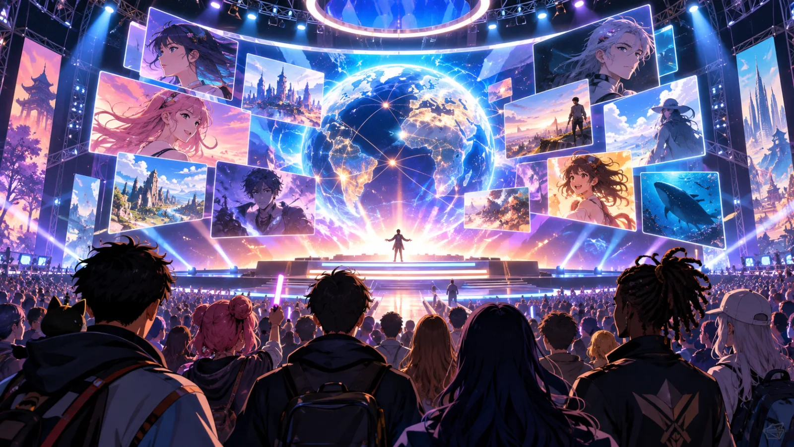 Ilustração editorial de um grande evento online dedicado a anúncios de animes