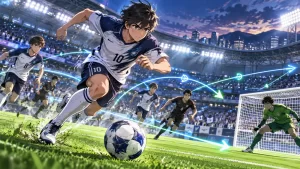 Ilustração editorial de um jovem jogador de futebol avançando em um estádio lotado