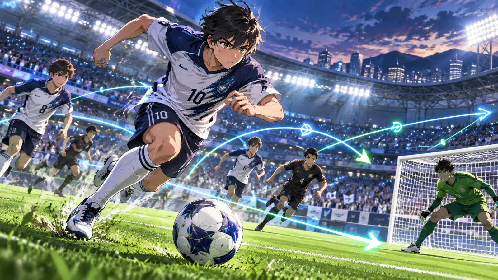 Ilustração editorial de um jovem jogador de futebol avançando em um estádio lotado