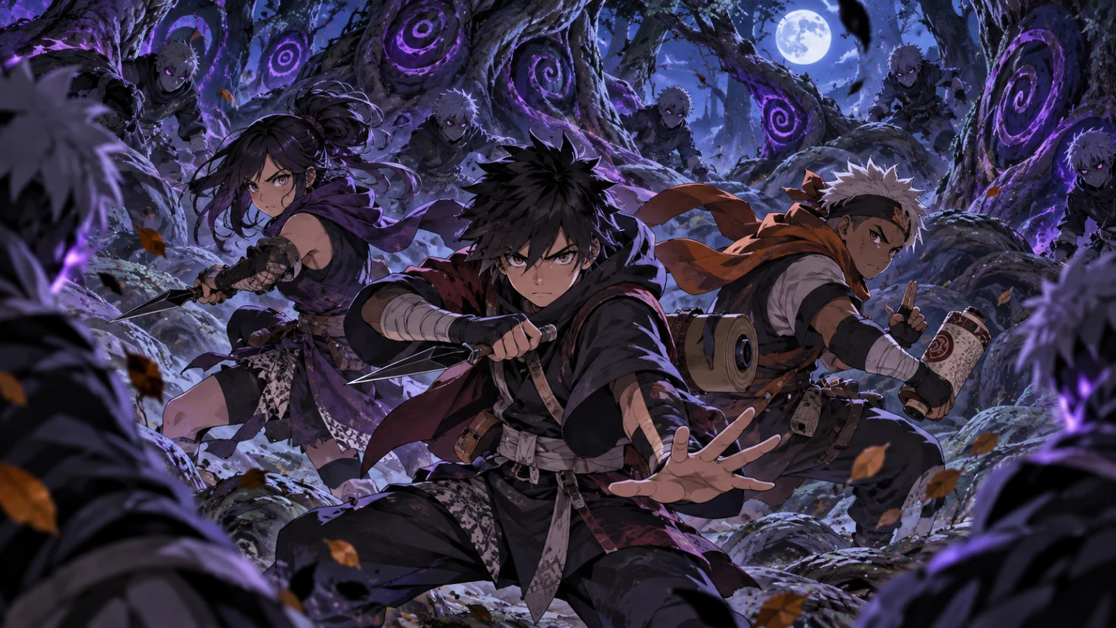 Ilustração editorial de três jovens ninjas originais enfrentando cópias hostis em uma floresta