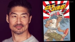 Brian Tee ao lado da capa da graphic novel Get Jiro