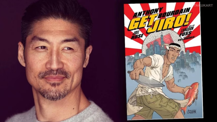 Brian Tee ao lado da capa da graphic novel Get Jiro