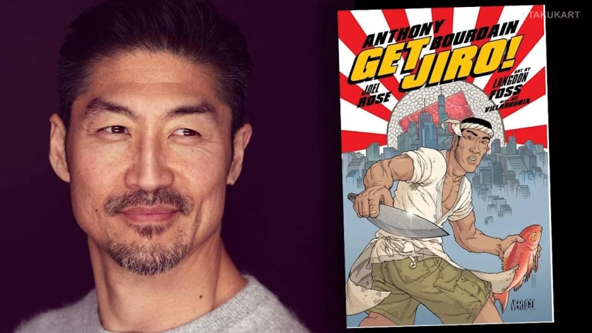 Brian Tee ao lado da capa da graphic novel Get Jiro