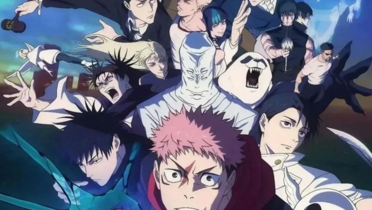 Yuji Itadori e personagens de Jujutsu Kaisen em arte promocional