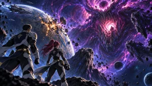 Ilustração editorial de dois patrulheiros espaciais diante de uma ameaça que devora planetas