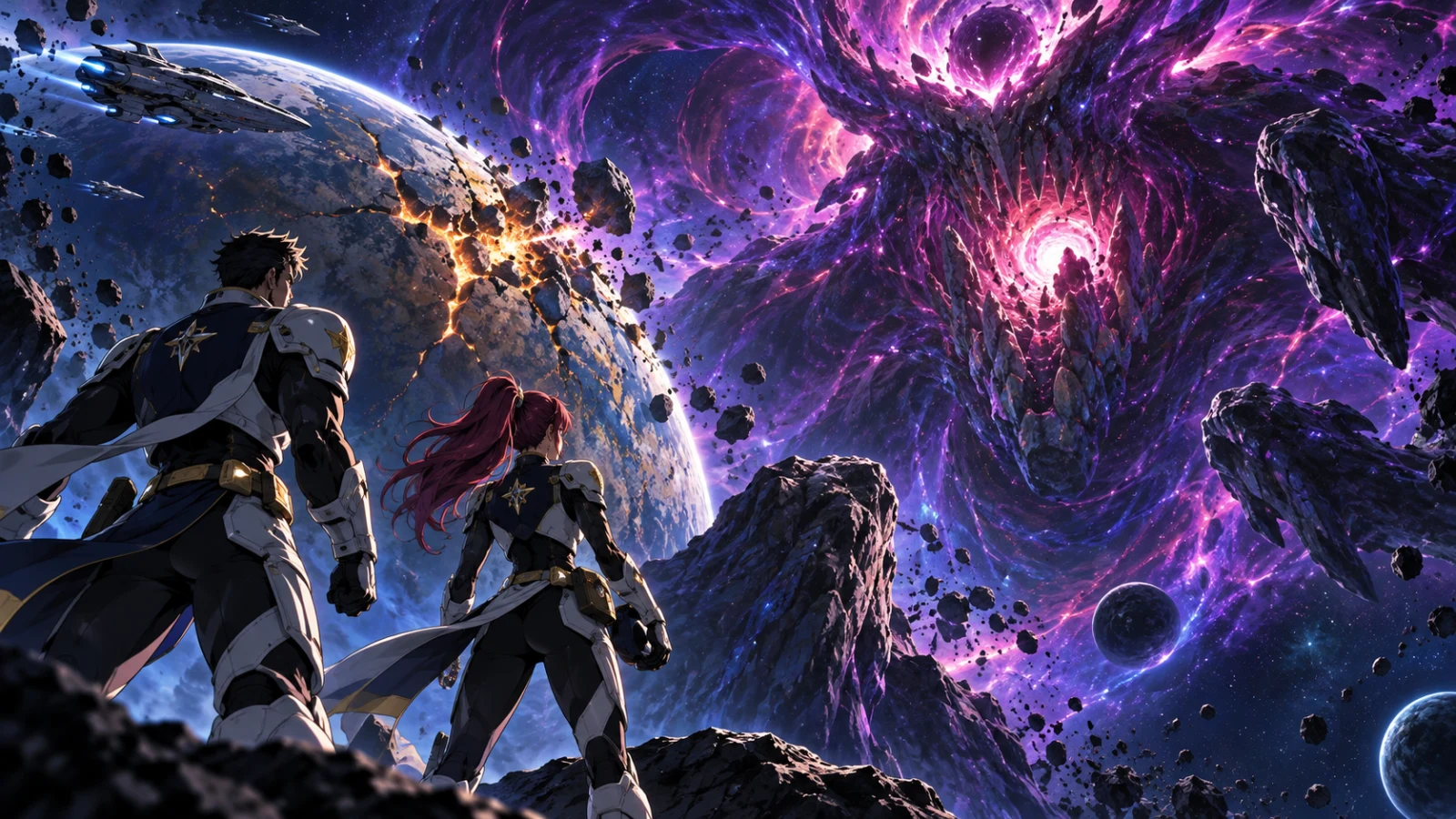 Ilustração editorial de dois patrulheiros espaciais diante de uma ameaça que devora planetas