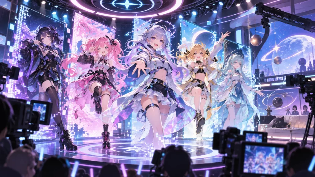 Hololive anuncia seu primeiro anime para TV com o Studio KAI | AnimeFans Ilustração editorial de idols virtuais originais gravando um programa de televisão