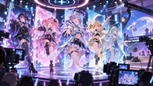 Ilustração editorial de idols virtuais originais gravando um programa de televisão