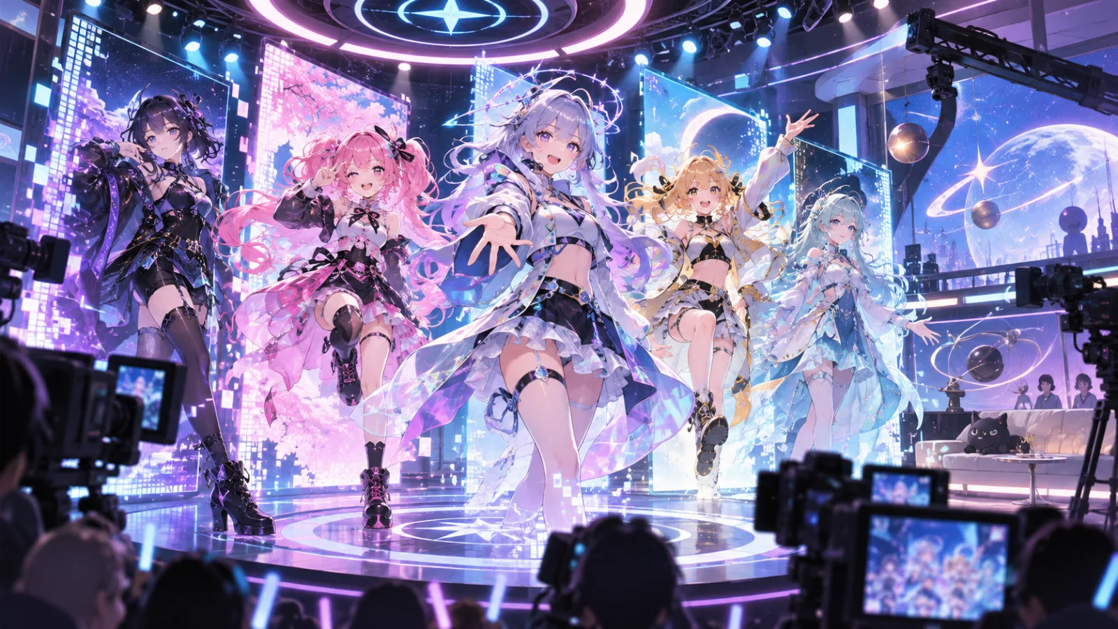 Ilustração editorial de idols virtuais originais gravando um programa de televisão