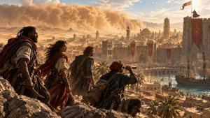 Ilustração editorial cinematográfica de piratas originais observando um reino no deserto