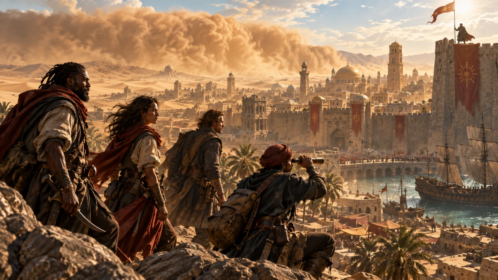 Ilustração editorial cinematográfica de piratas originais observando um reino no deserto