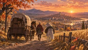 Ilustração editorial de um mercador viajando com um espírito de lobo por campos de trigo