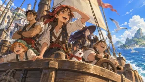 Ilustração editorial de uma tripulação pirata original iniciando uma aventura pelo mar
