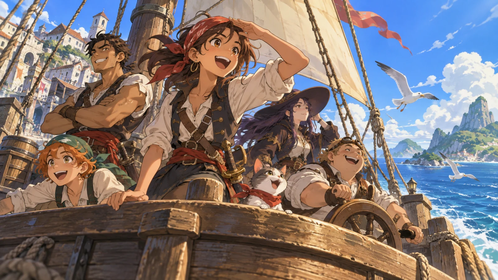 Ilustração editorial de uma tripulação pirata original iniciando uma aventura pelo mar