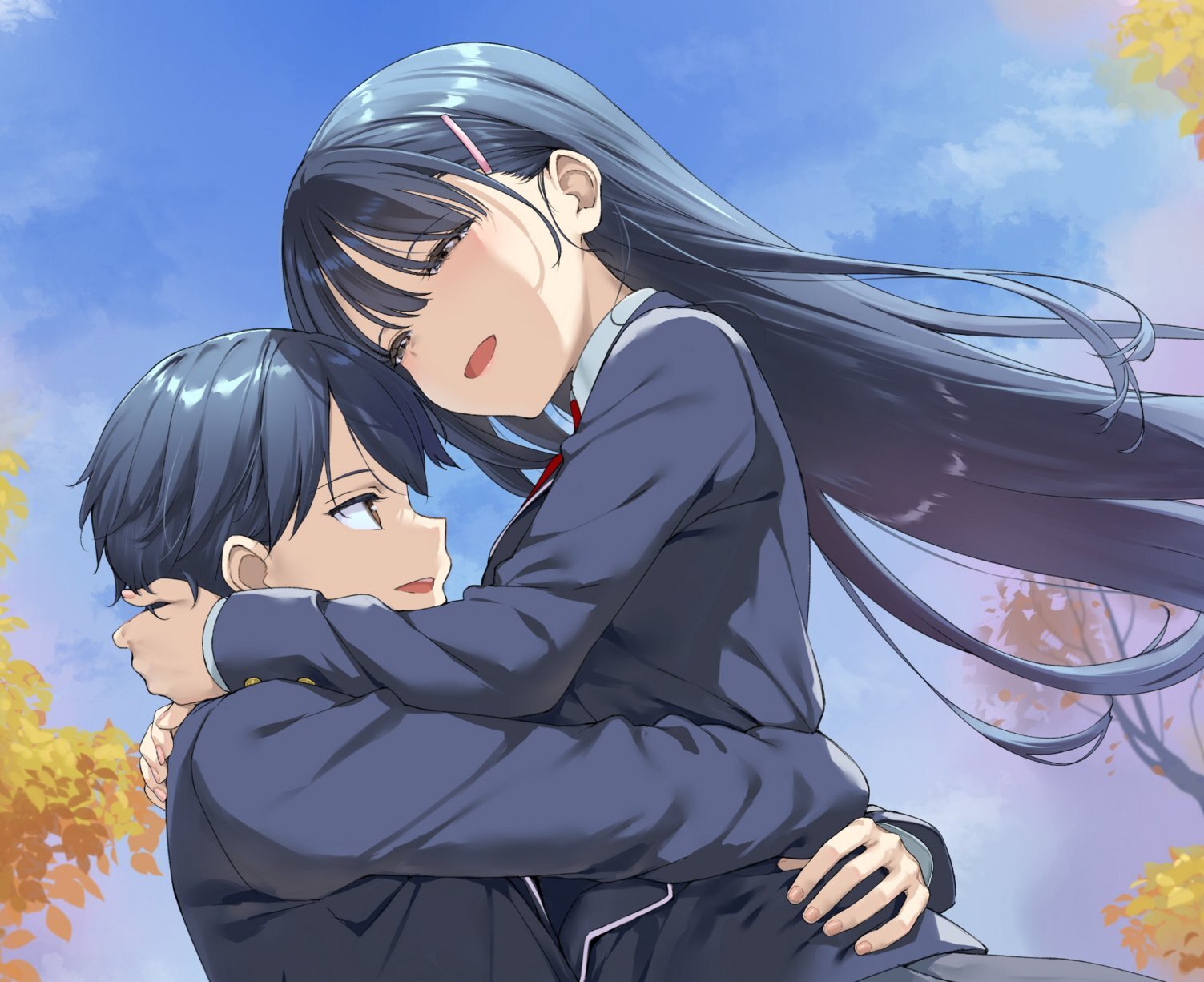 Mizuto e Yume abraçados em ilustração de Mamahaha no Tsurego ga Motokano datta