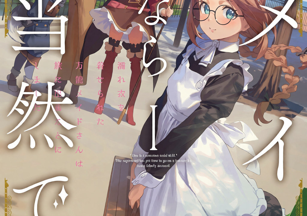 Capa da light novel Maid nara Touzen desu com Nina de avental e suas companheiras de viagem
