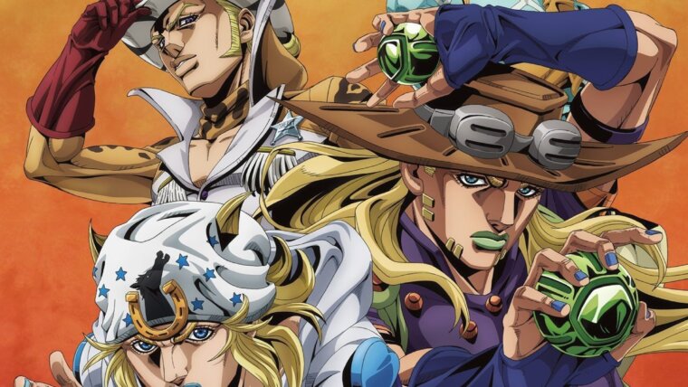 Visual de Steel Ball Run com Johnny Joestar, Gyro Zeppeli e outros personagens diante de uma paisagem desértica