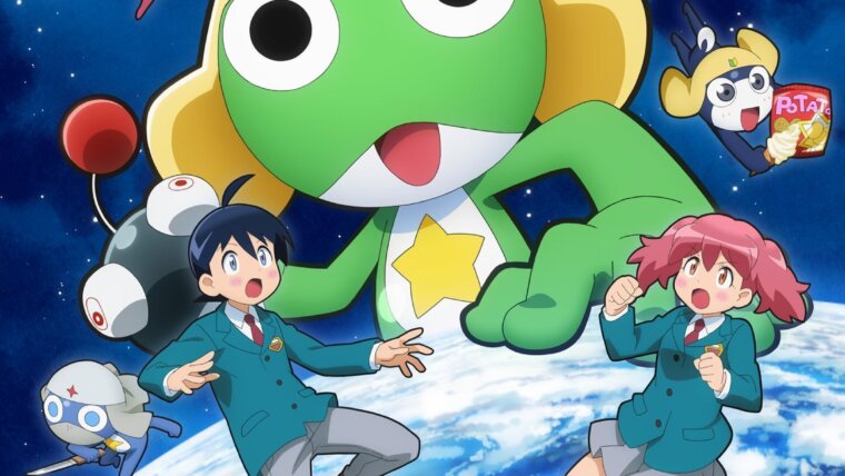 Cartaz de Keroro Gunsō☆ com Keroro, membros do pelotão e as crianças da família Hinata