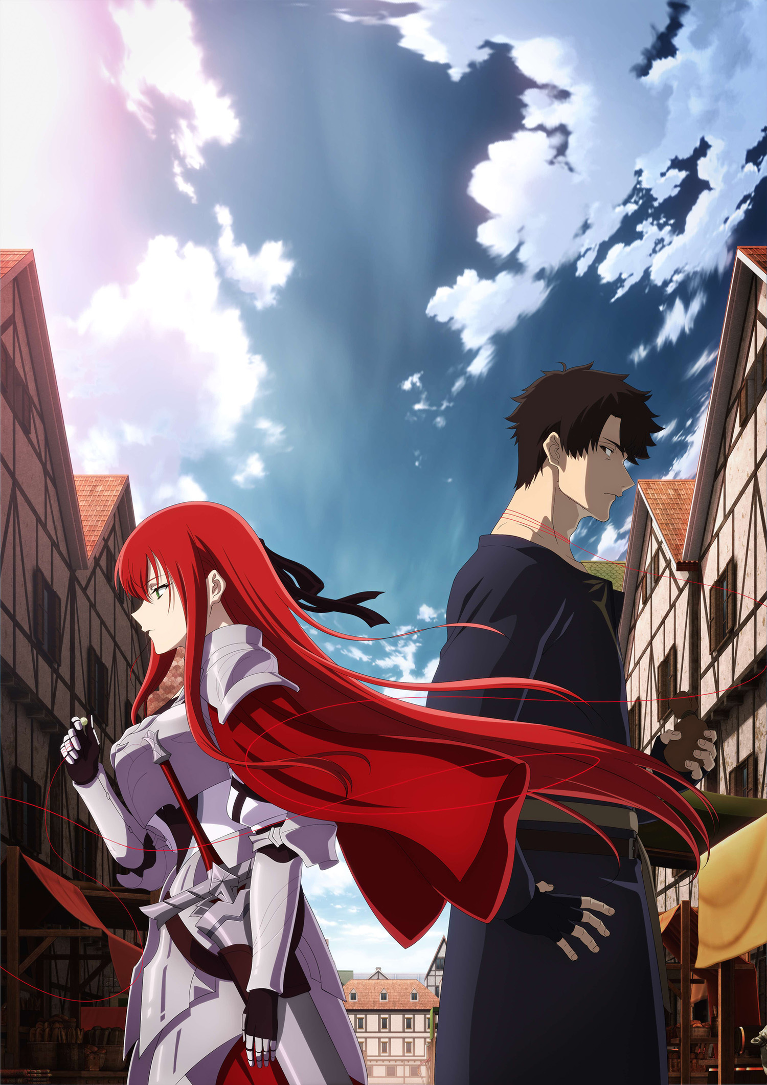 Visual de The Kept Man of the Princess Knight com Alwin de armadura e Matthew na cidade do labirinto