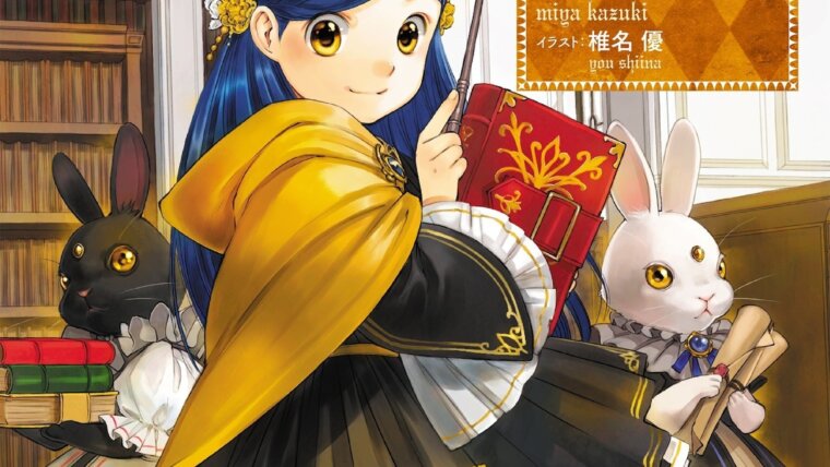 Capa da light novel Ascendance of a Bookworm com Rosemyne, livros e dois coelhos