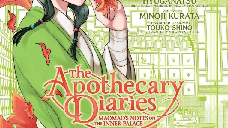 Capa do volume 1 de The Apothecary Diaries: Maomao’s Notes on the Inner Palace, com Maomao de vestido verde e uma flor