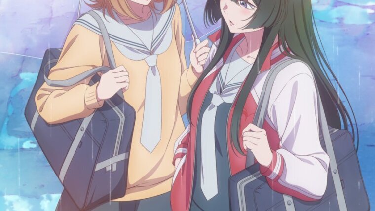 Saki Kindaichi e Kanon Oikawa de uniforme escolar, sorrindo sob um guarda-chuva transparente no visual de Amayo no Tsuki