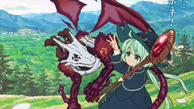 Eve, de cabelos verdes e roupa de bruxa, segura um cajado ao lado do dragão esquelético Nemu em um campo florido de Hone Dragon no Mana Musume.