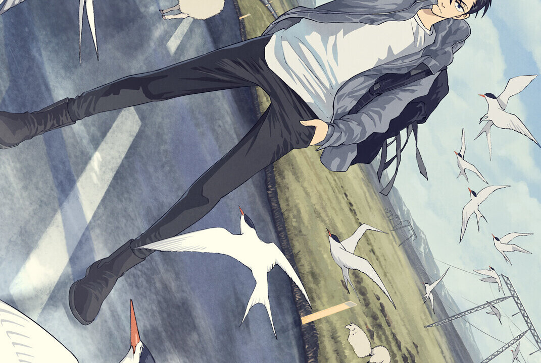 Kei Miyama caminha por uma estrada na Islândia cercado por aves brancas, com seu jipe, ovelhas e montanhas ao fundo, no visual de Hokuhokusei ni Kumo to Ike.