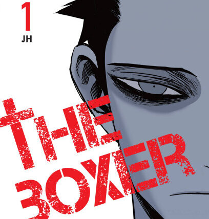 Capa do primeiro volume de The Boxer, de JH, com o rosto de Yu e o título em vermelho