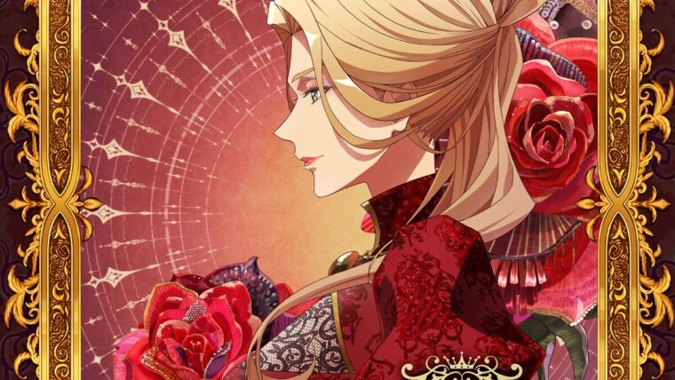 Navier com coroa e vestido vermelho em arte de The Remarried Empress, cercada por rosas e uma moldura dourada