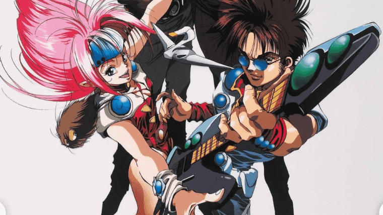 Arte de Macross 7 com os integrantes de Fire Bomber, incluindo Basara Nekki e Mylene Jenius