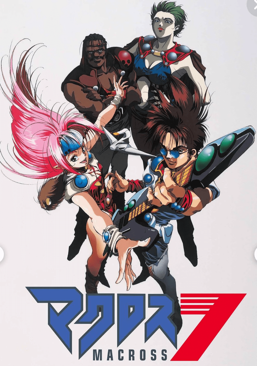 Arte de Macross 7 com os integrantes de Fire Bomber, incluindo Basara Nekki e Mylene Jenius