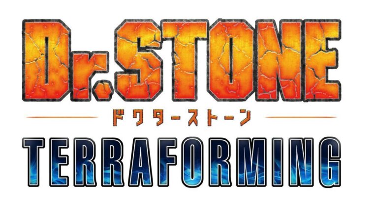 Logotipo oficial de Dr. Stone: Terraforming, com o título Dr. Stone em laranja e o subtítulo em azul sobre fundo branco