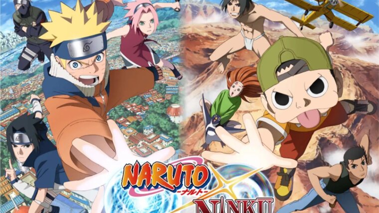Naruto e Fūsuke à frente dos personagens de Naruto e Ninkū no visual oficial do crossover