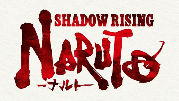 Logotipo de Naruto: Shadow Rising em letras vermelhas sobre fundo claro