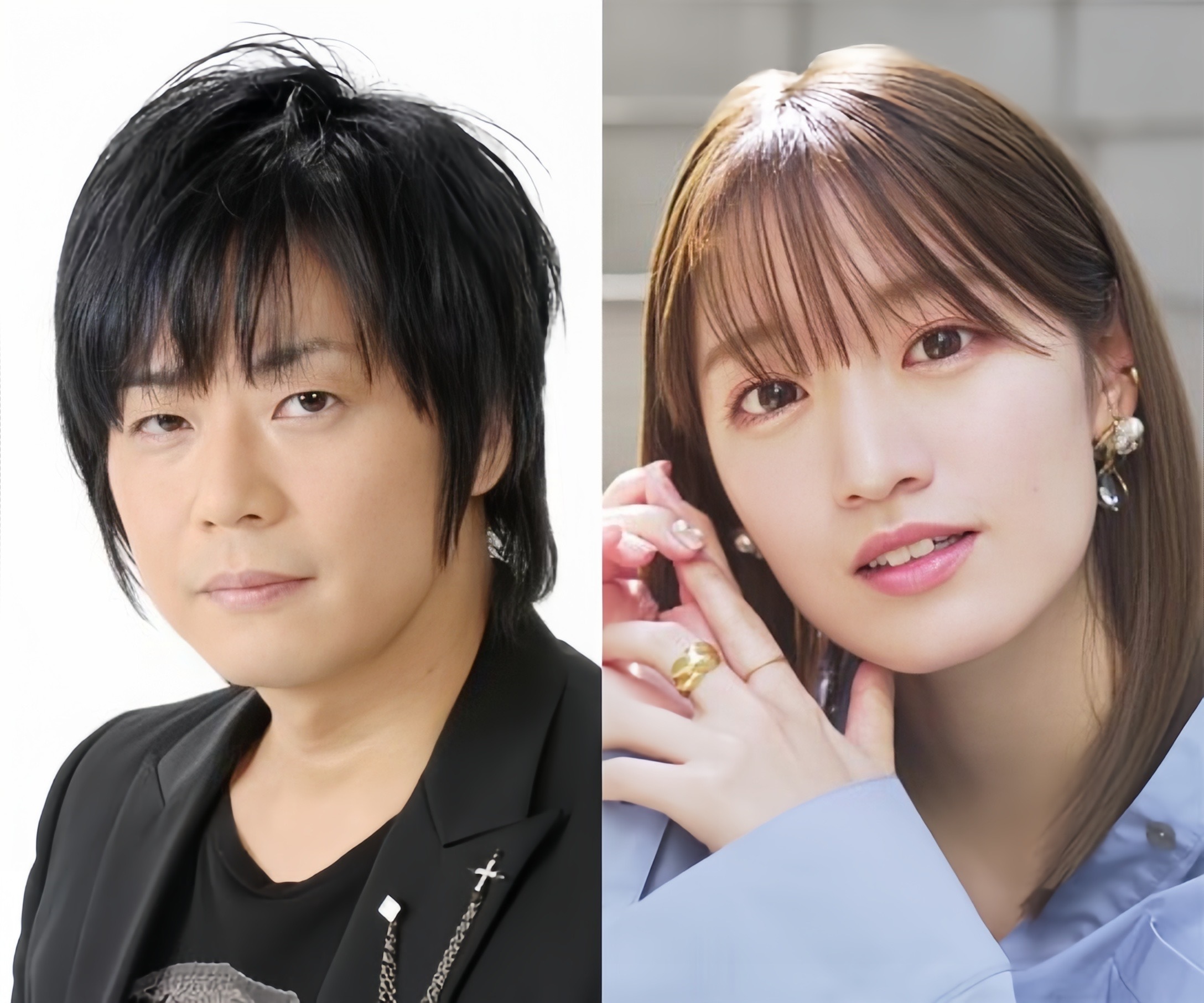 Retratos dos atores de voz Kōji Yusa, de preto à esquerda, e Miyari Nemoto, de blusa azul à direita