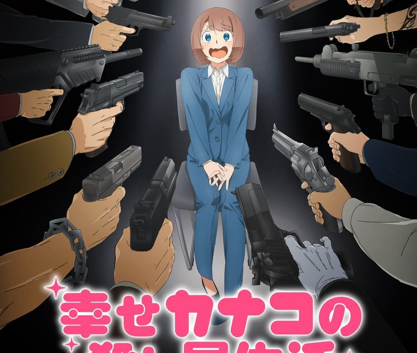 Kanako Nishino de terno azul cercada por armas no visual de Shiawase Kanako no Koroshiya Seikatsu