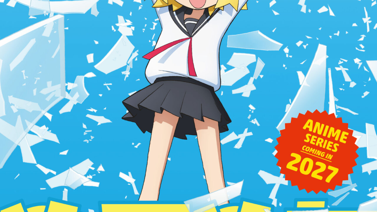 Kurumi de uniforme escolar com os braços erguidos diante de fragmentos de vidro no visual azul e amarelo do anime NullMeta