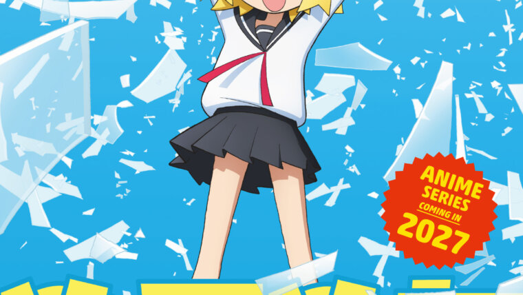 Kurumi de uniforme escolar com os braços erguidos diante de fragmentos de vidro no visual azul e amarelo do anime NullMeta
