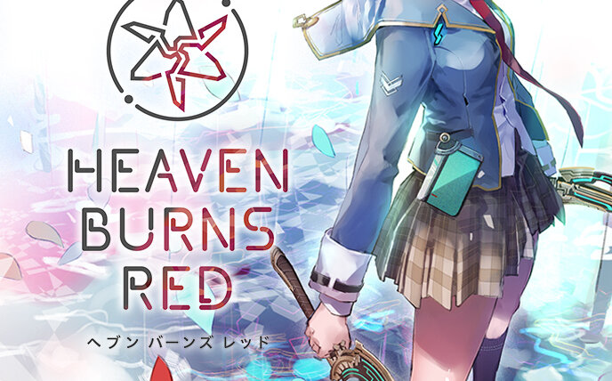 Personagem de Heaven Burns Red com uniforme azul e espada ao lado do logotipo do jogo, em arte de divulgação