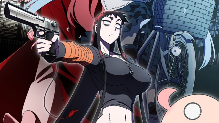 Kuroko Koumori aponta uma pistola entre Chiyo Yanaoka e Hinako Tozakura no visual de Murciélago, com fundo vermelho e azul