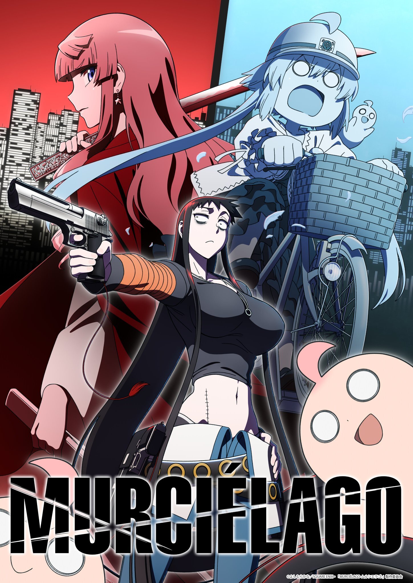 Kuroko Koumori aponta uma pistola entre Chiyo Yanaoka e Hinako Tozakura no visual de Murciélago, com fundo vermelho e azul