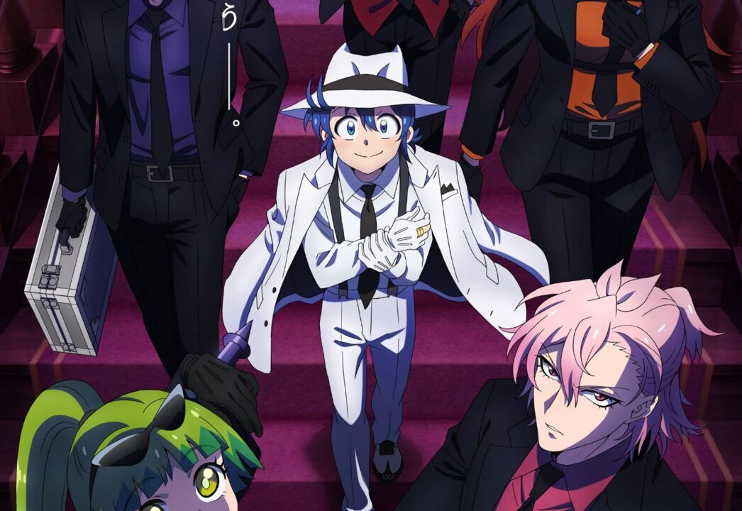 Iruma de terno e chapéu brancos cercado por personagens de roupas escuras em uma escadaria roxa no visual de IruMafia