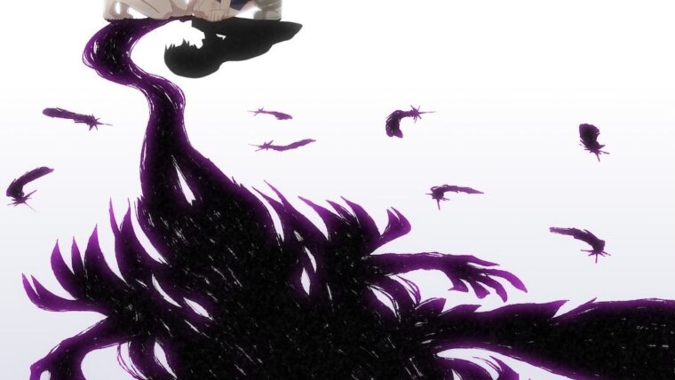 Dois personagens ajoelhados sobre fundo branco com sombras de monstros roxos no visual de Kabenuke Bug