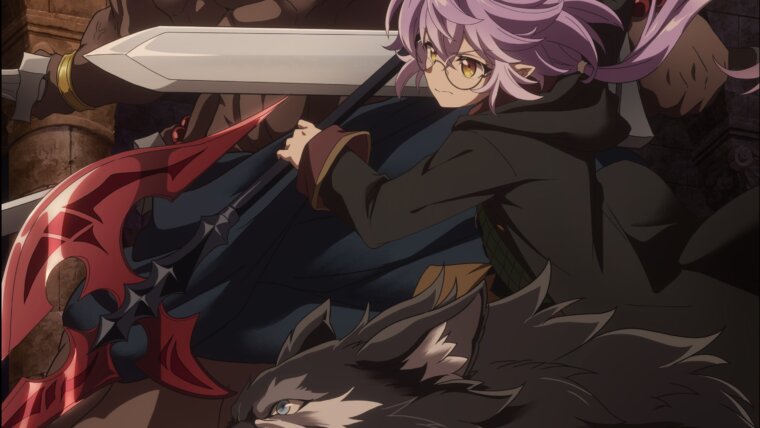 Mercedes de cabelos roxos e óculos entre um guerreiro com chifres e um lobo no visual do anime