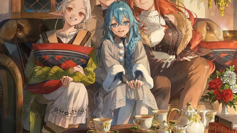 Rudeus e três personagens femininas reunidos em um sofá diante de uma mesa de chá na ilustração de Mushoku Tensei: Dasoku-hen